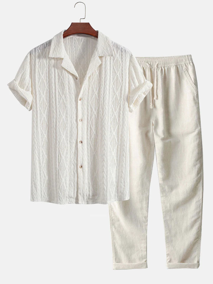 Geometric Jacquard Cuban Shirt Sraight Leg Linen Pants