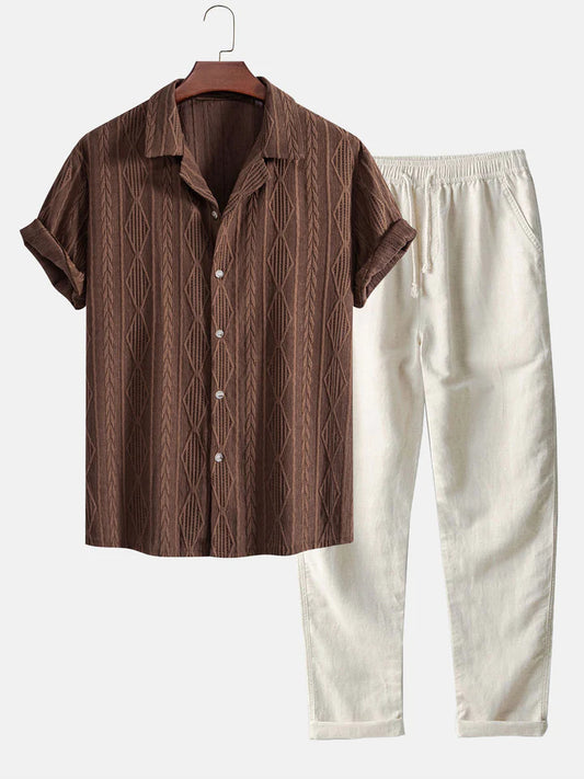 Geometric Jacquard Cuban Shirt Sraight Leg Linen Pants