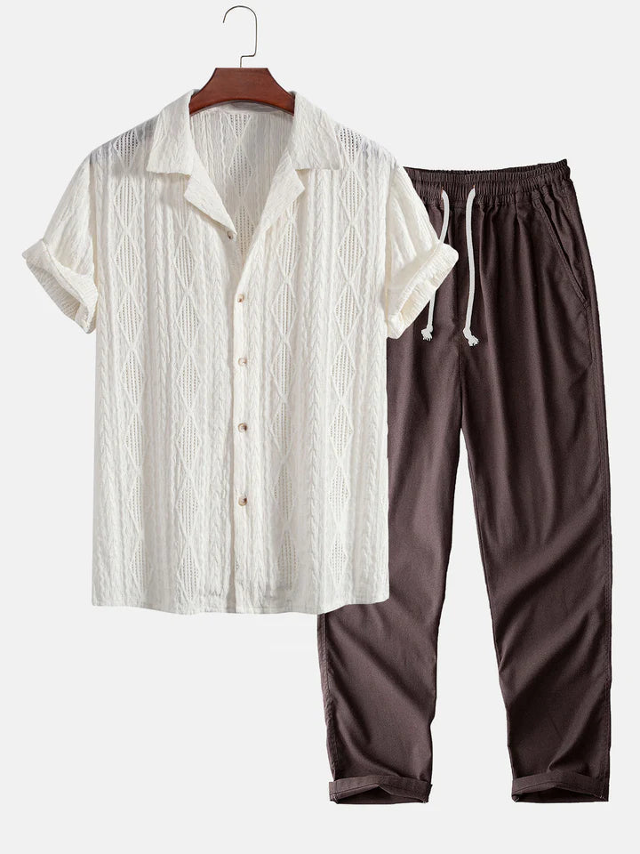 Geometric Jacquard Cuban Shirt Sraight Leg Linen Pants