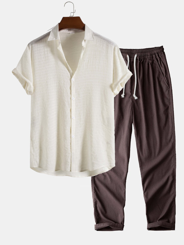 Stand Collar Shirt & Straight Leg Linen Pants HZXYSET01