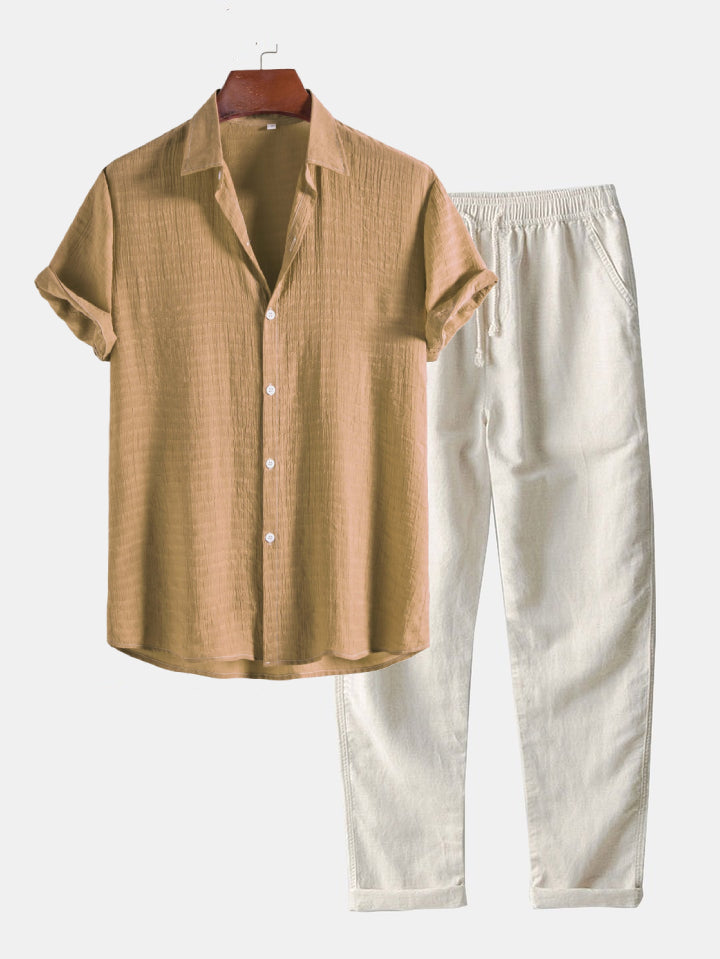 Stand Collar Shirt & Straight Leg Linen Pants HZXYSET01