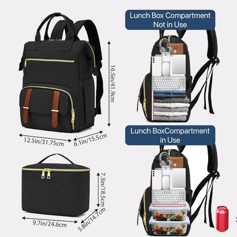 Black Lunch Backpack for Women – 2-in-1 with Detachable Insulated Lunch Box