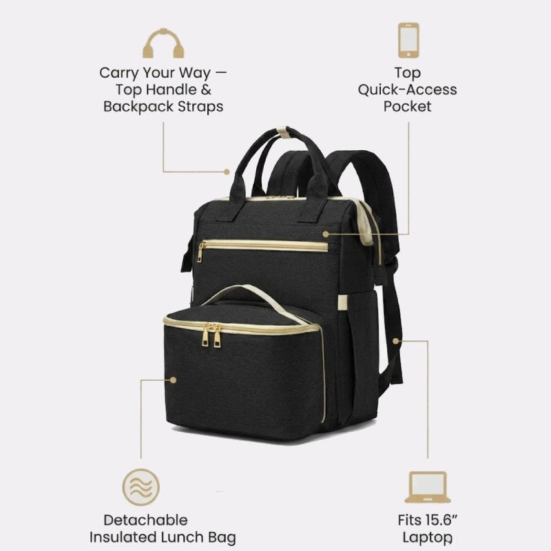 Black Lunch Backpack for Women – 2-in-1 with Detachable Insulated Lunch Box