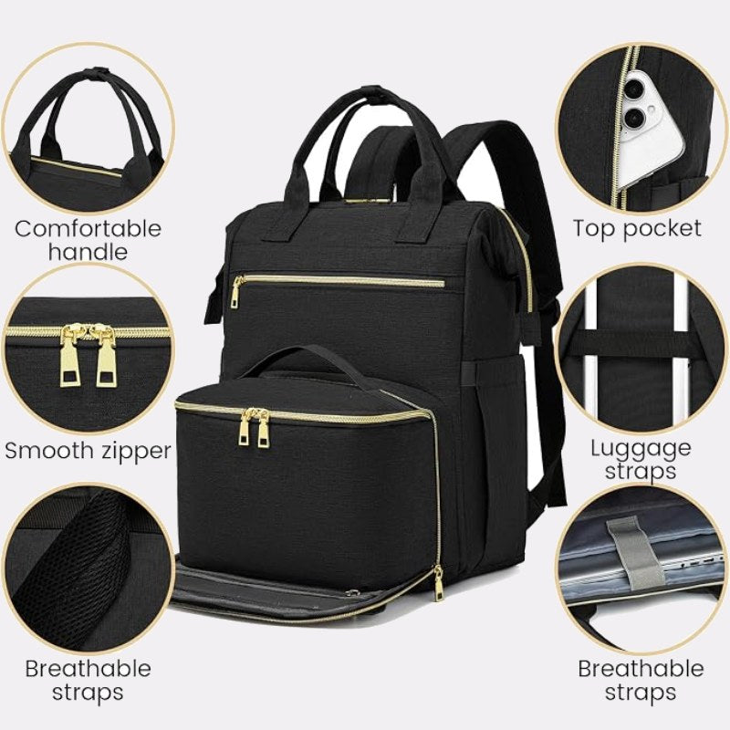 Black Lunch Backpack for Women – 2-in-1 with Detachable Insulated Lunch Box