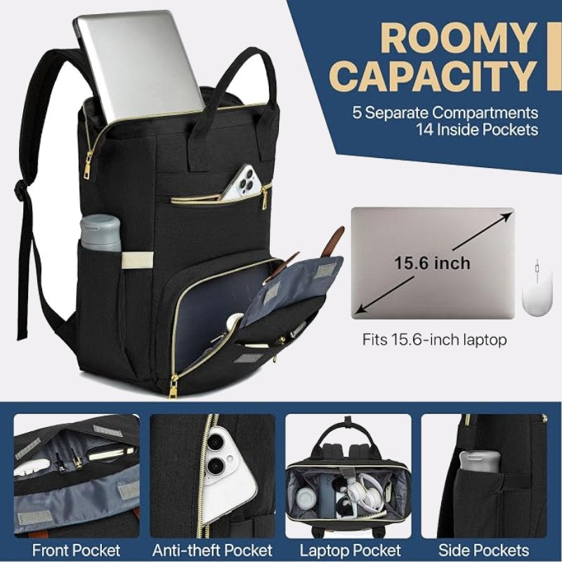 Black Lunch Backpack for Women – 2-in-1 with Detachable Insulated Lunch Box
