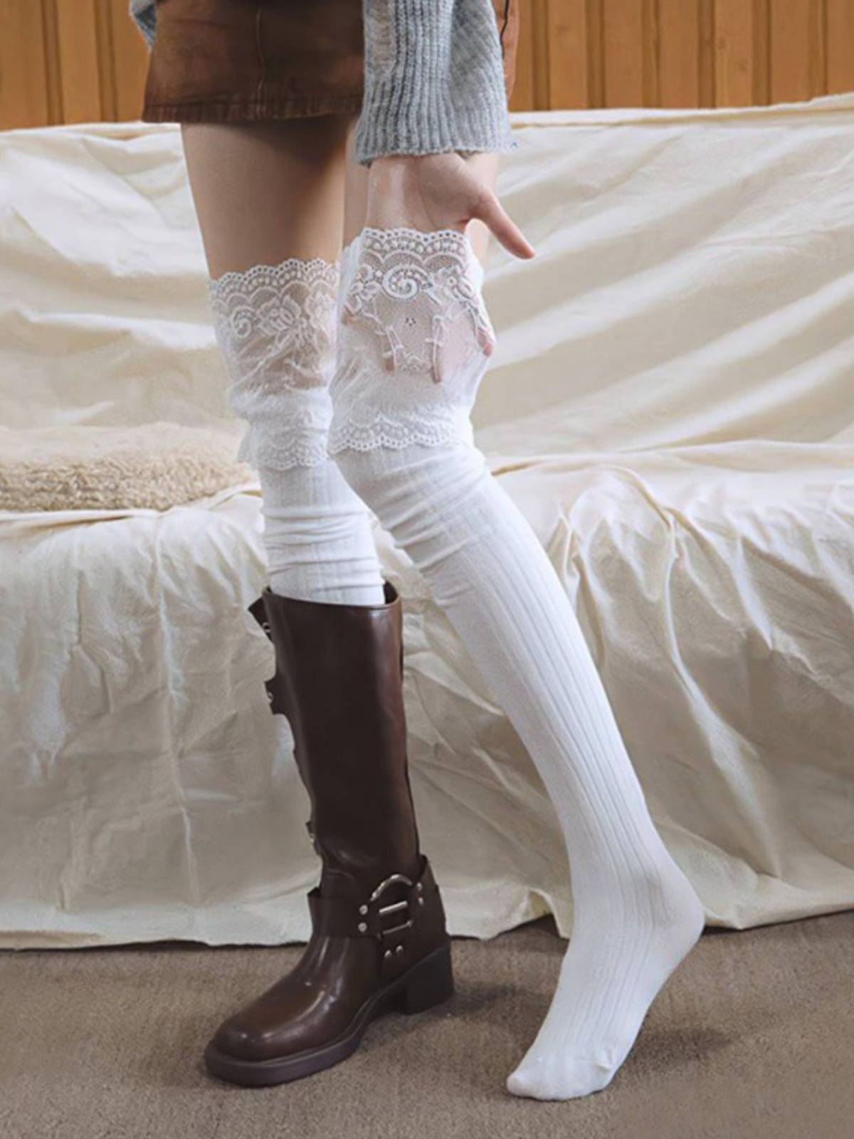 Women's Lace Over-the-Knee Thigh High Socks - Thickened Cotton Stockings with Boots for Fall and Winter